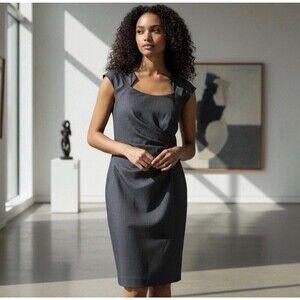 Calvin Klein Blue Sheath Dress Chambray Square Neck Pleated Zip Knee 10